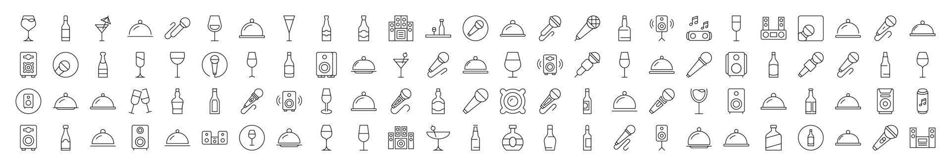 Cocktail, Bowl with Cloche, Bottle, Loud Speaker Images Drawn with Thin Line. Collection of Various Design Elements that Can Be Used for Apps, Articles, Web Sites, Social Media vector