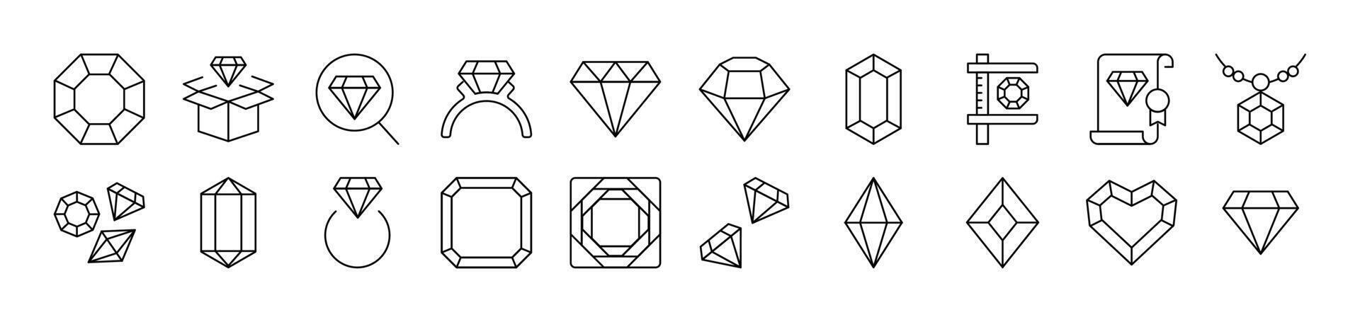 Diamond, Gem Collection of Signs of Crystals Drawn with Thin Line for apps, web sites, banners, infographics and other types of design vector