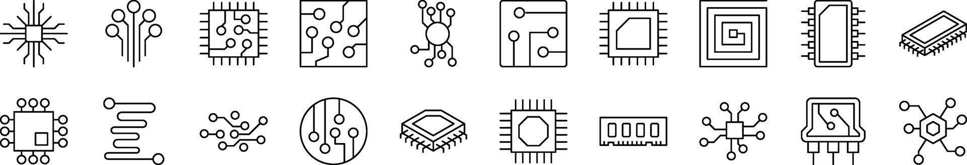 Pack of Line Icons of Chip and Scheme. Editable Stroke. Minimalistic Linear Pictogram for Design of Cards, Apps, Banners, Posts vector