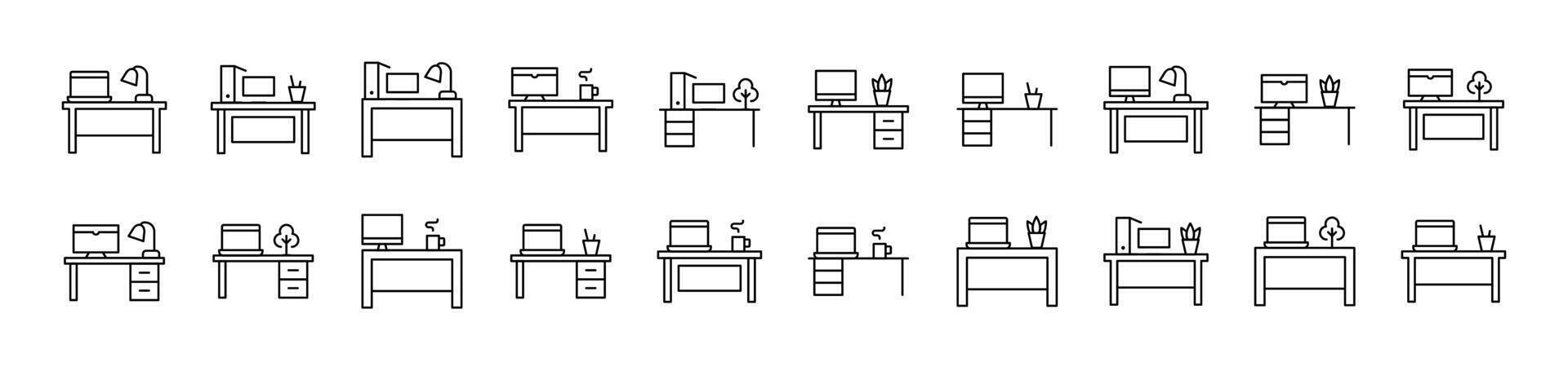 Computer on Table Icon Set for UI, Placards, Books, Apps. Editable Stroke. Suitable for Web Sites, Books, Cards, Apps vector