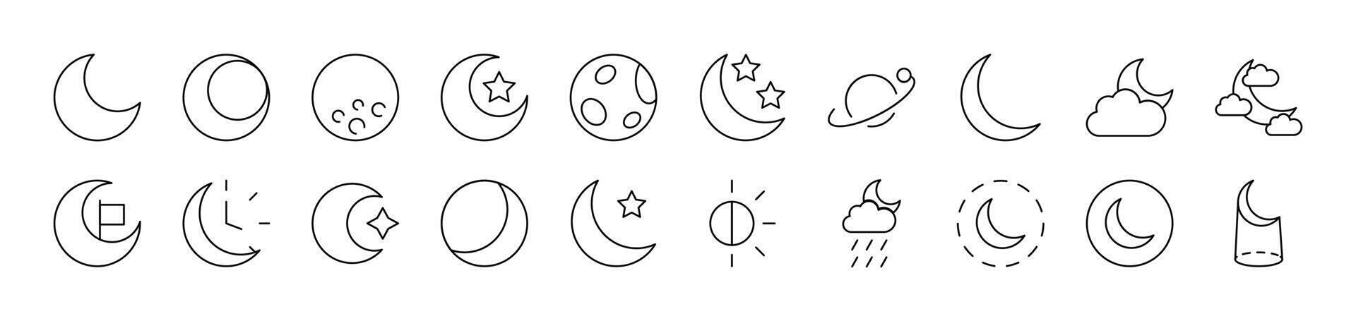 The Moon and Crescent Thin Icons Collection. Editable Stroke. Suitable for Web Sites, Books, Cards, Apps vector