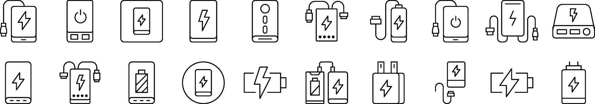 Energy, Charger, Battery Line Icon Bundle. Editable Stroke. Minimalistic Linear Pictogram for Design of Cards, Apps, Banners, Posts vector