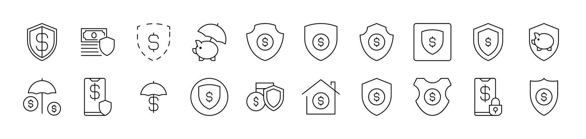Money by Shield Related Line Icon Collection. Editable Stroke. Perfect for Infographics, Articles, Books, Flyers, Banners vector