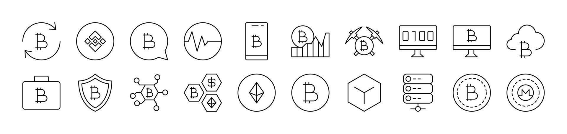 Cryptocurrency and Bitcoin Outline Picture Collection. Editable Stroke. Perfect for Infographics, Articles, Books, Flyers, Banners vector