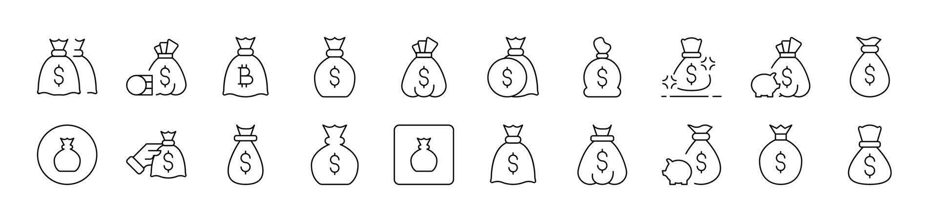 Money Bag Related Image Collection. Editable Stroke. Perfect for Infographics, Articles, Books, Flyers, Banners vector