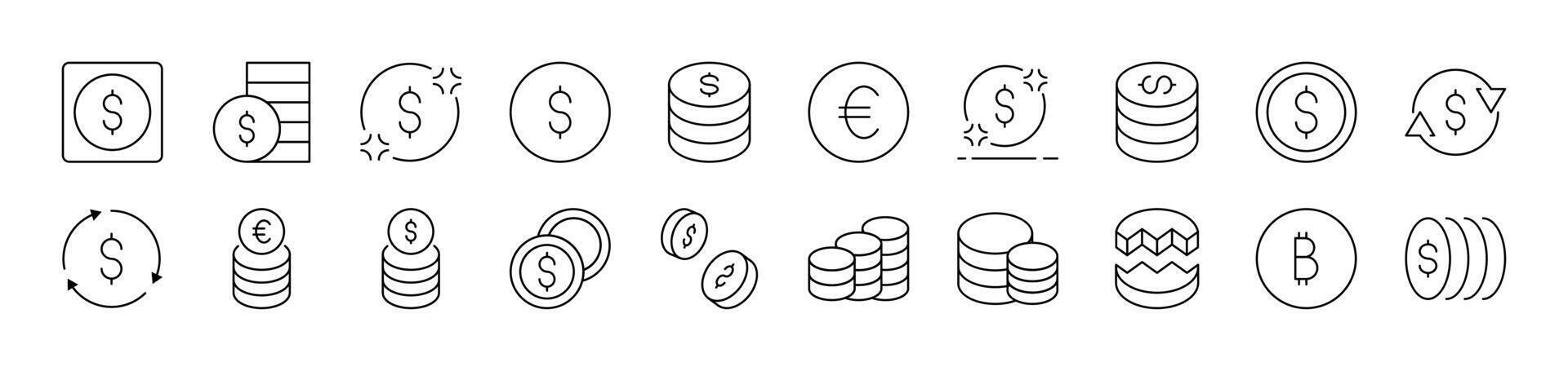 Various Coins Outline Icon Collection. Editable Stroke. Perfect for Infographics, Articles, Books, Flyers, Banners vector