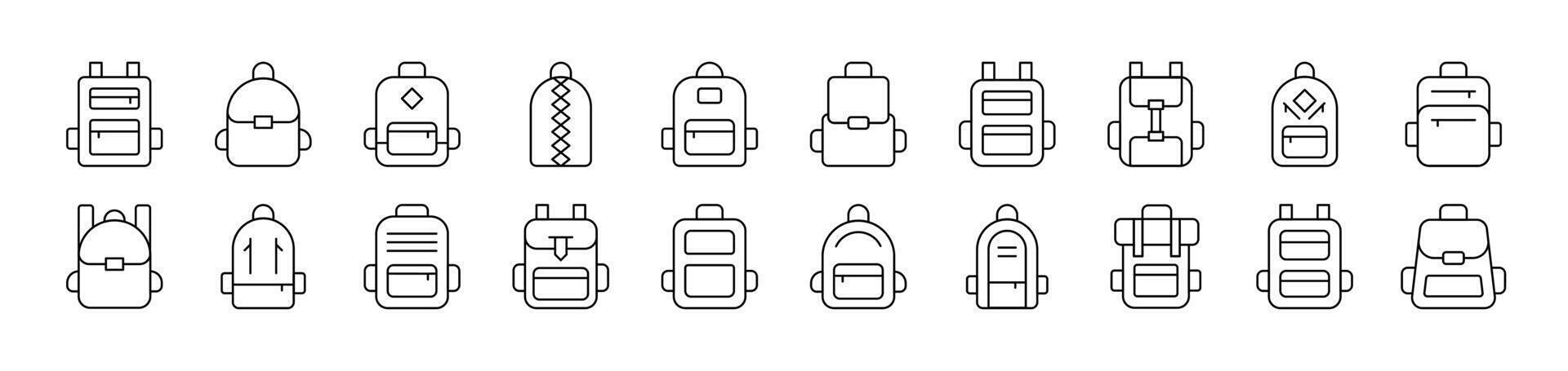 Schoolbag, Bag for Tracking and Hiking Outline Sign Collection. Editable Stroke. Perfect for Infographics, Articles, Books, Flyers, Banners vector