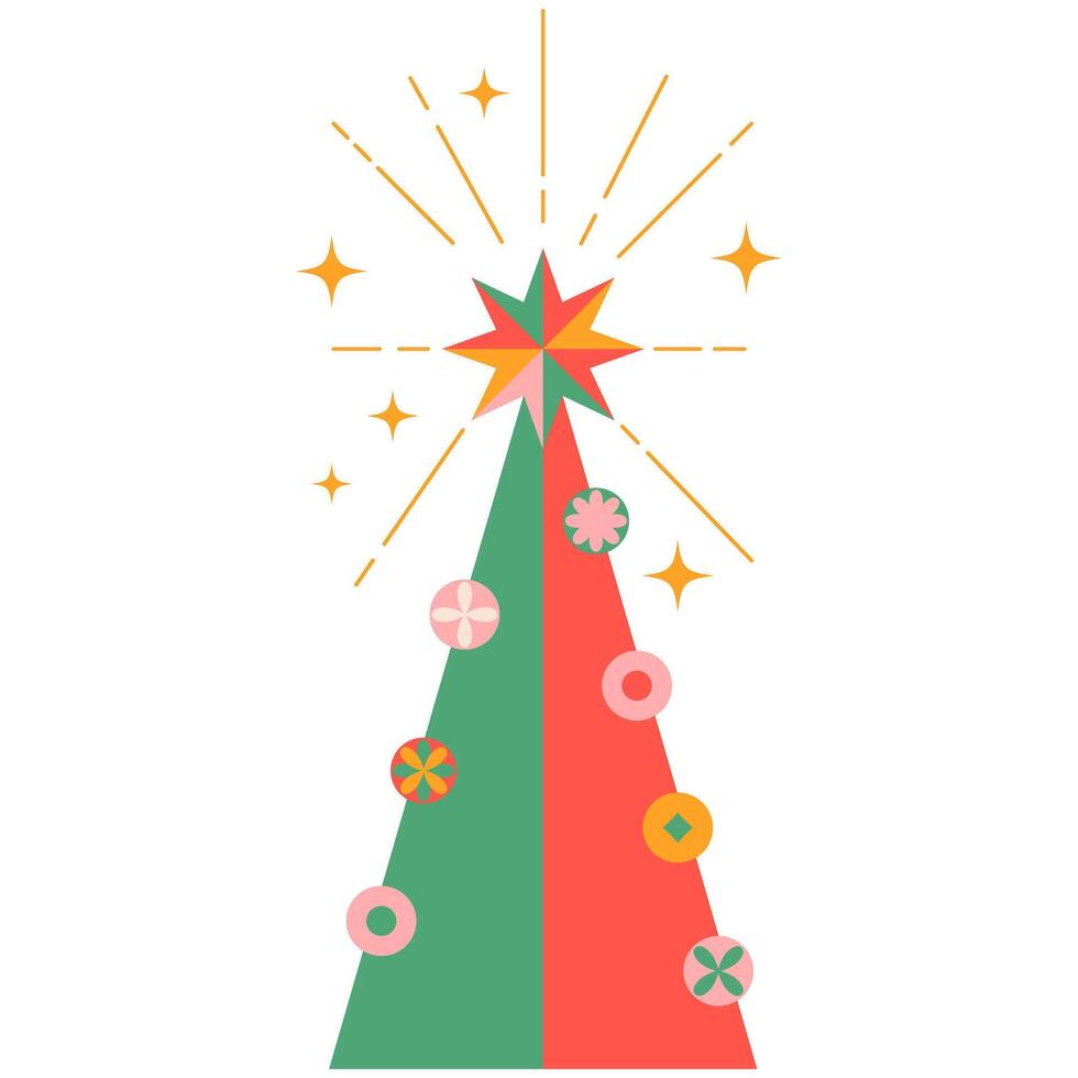 Christmas tree with star and balls on transparent background.Symbol of New Year,Merry Christmas holiday celebration.Xmas tree modern trendy design.Colorful illustration geometric style.EPS10. vector