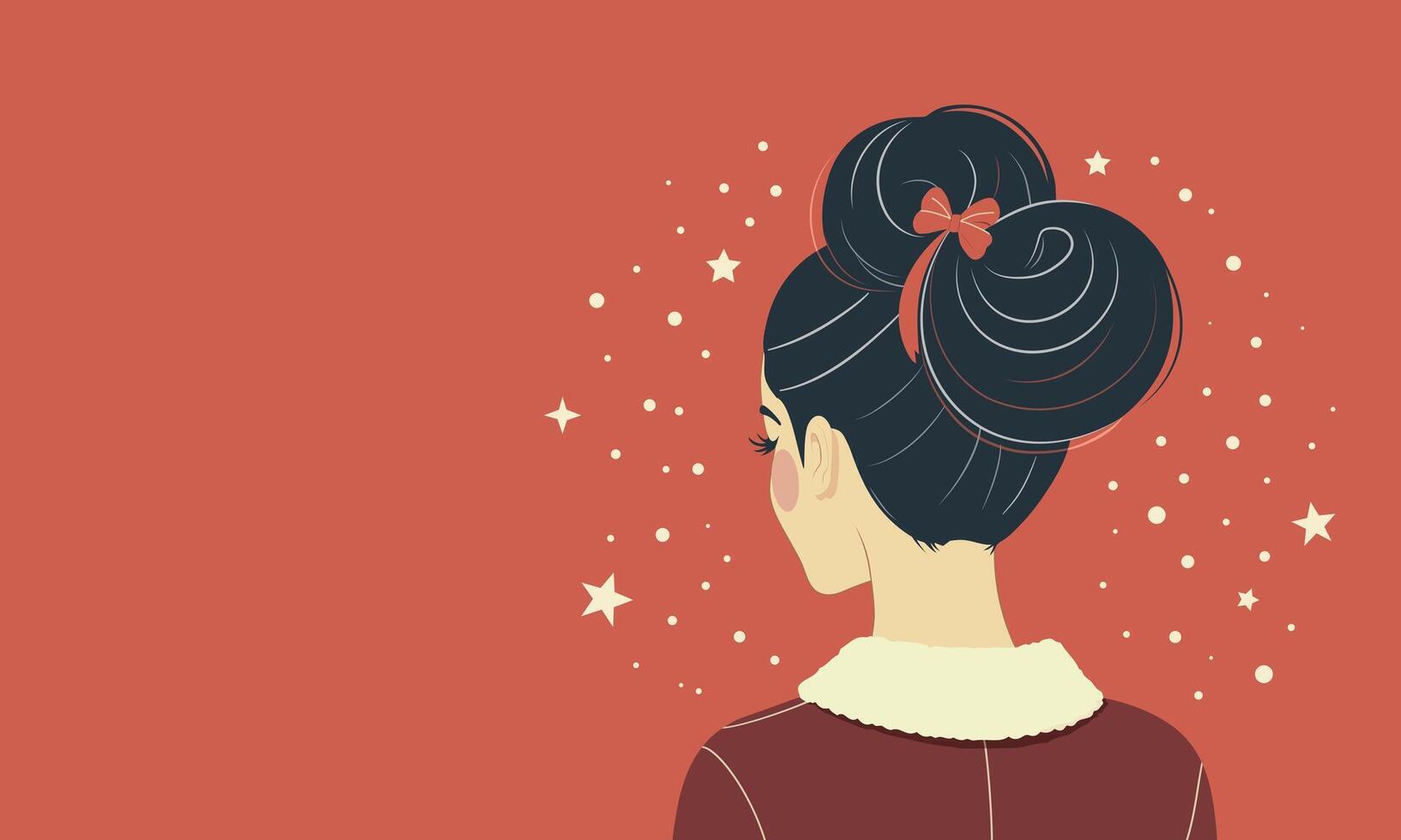 A woman with dark hair with her back shows a hairstyle with a bow on a red background with stars and copy space vector