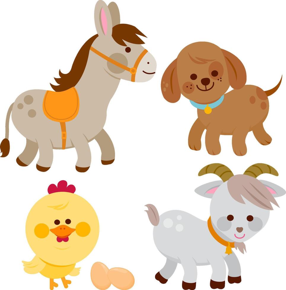 Farm animals on white background. Cute cartoon farm animals set. A donkey, a dog, a chicken and a goat. Illustration set vector