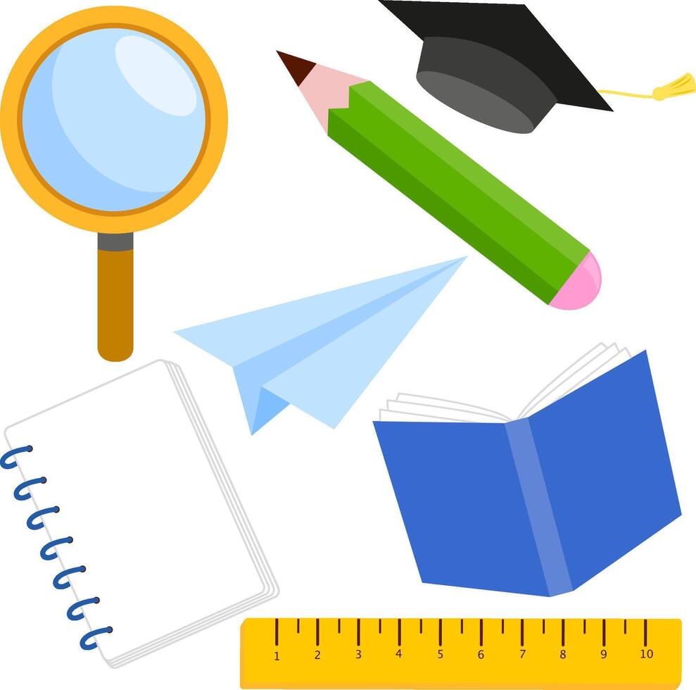 Classroom and homework supplies for study. School supplies on white background. Pen, books, notebooks, ruler. University hat for college student. vector