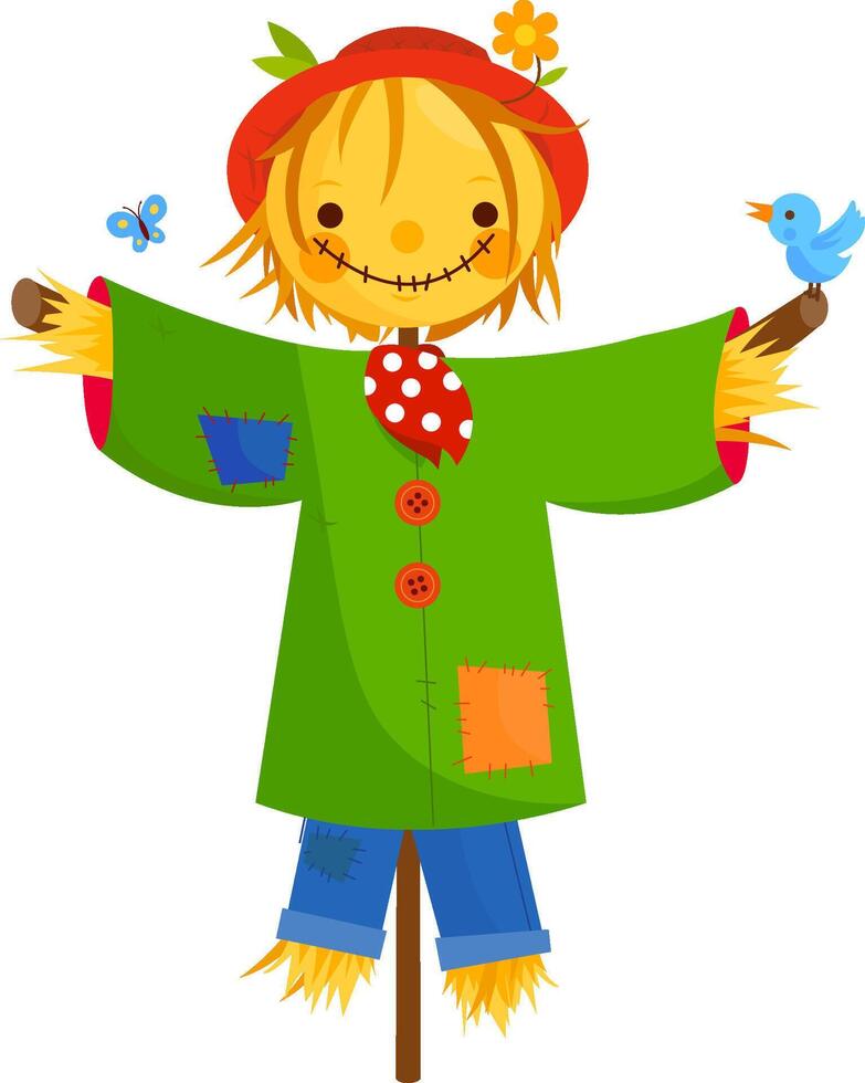 Scarecrow cartoon. Scarecrow on white background. Cute cartoon scarecrow character with birds and butterflies. vector