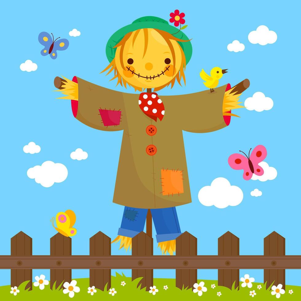Scarecrow in the field behind a wooden fence. Cute scarecrow in the field with birds and butterflies. vector