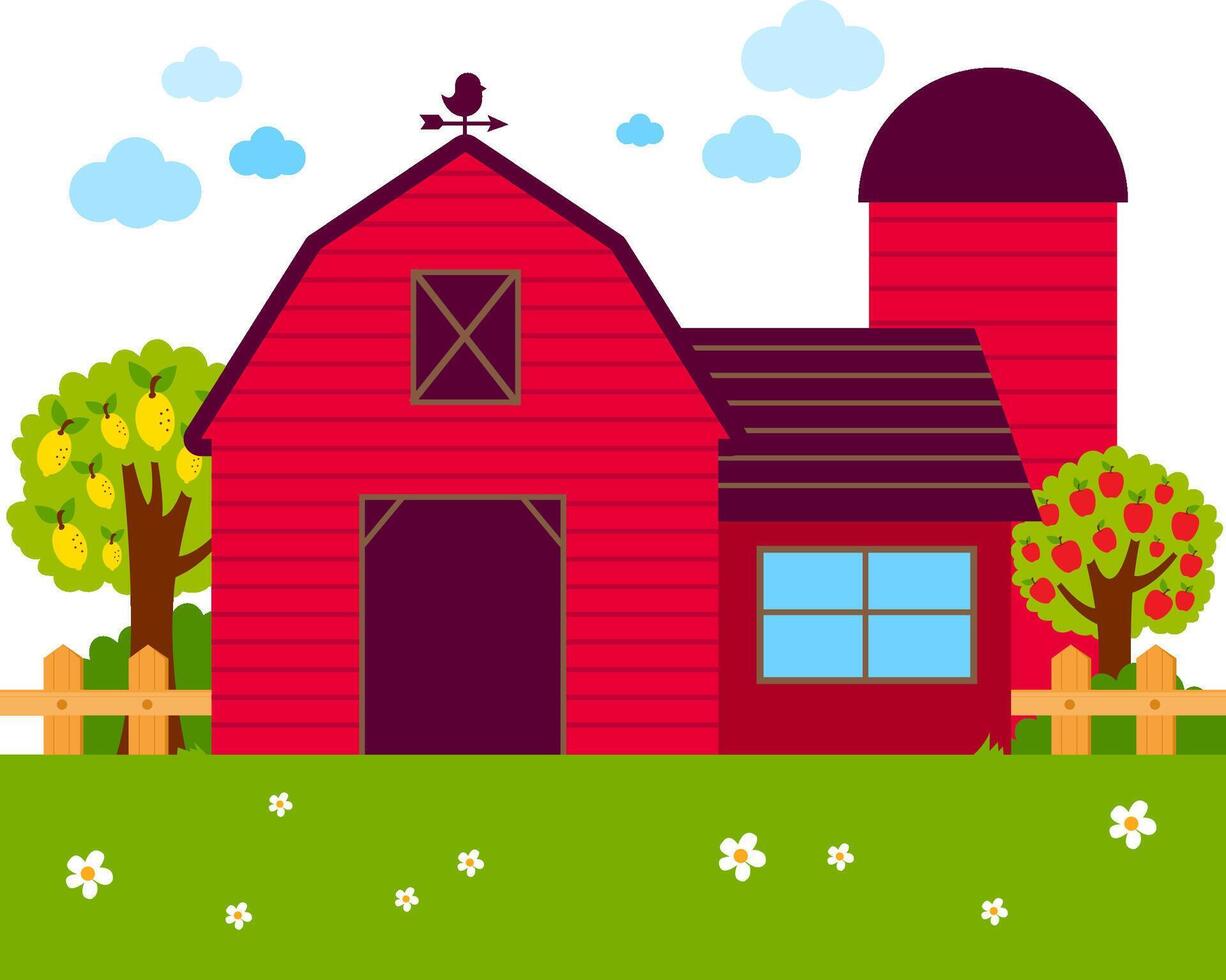 Countryside background with farmer house, apple and lemon trees garden. Barn in the farm with farmhouse, fence and orchard trees. vector
