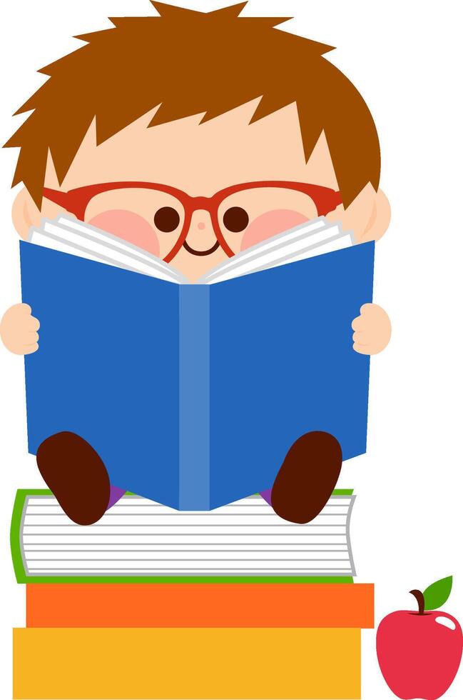 Cute little boy with eyeglasses reads a book. Happy child sitting on a stack of books and reading in class. Student kid at school reading and doing his homework. Story book for preschooler. vector