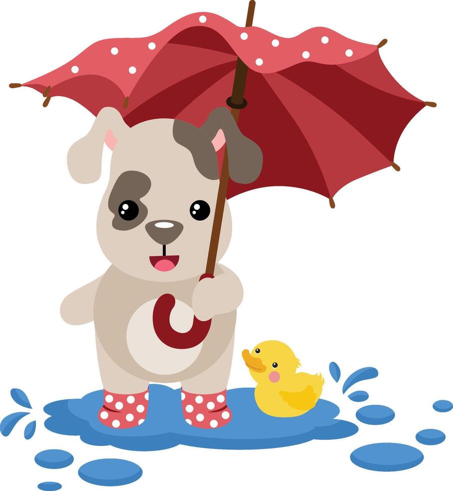 Cute dog with boots and yellow duck holding an umbrella vector