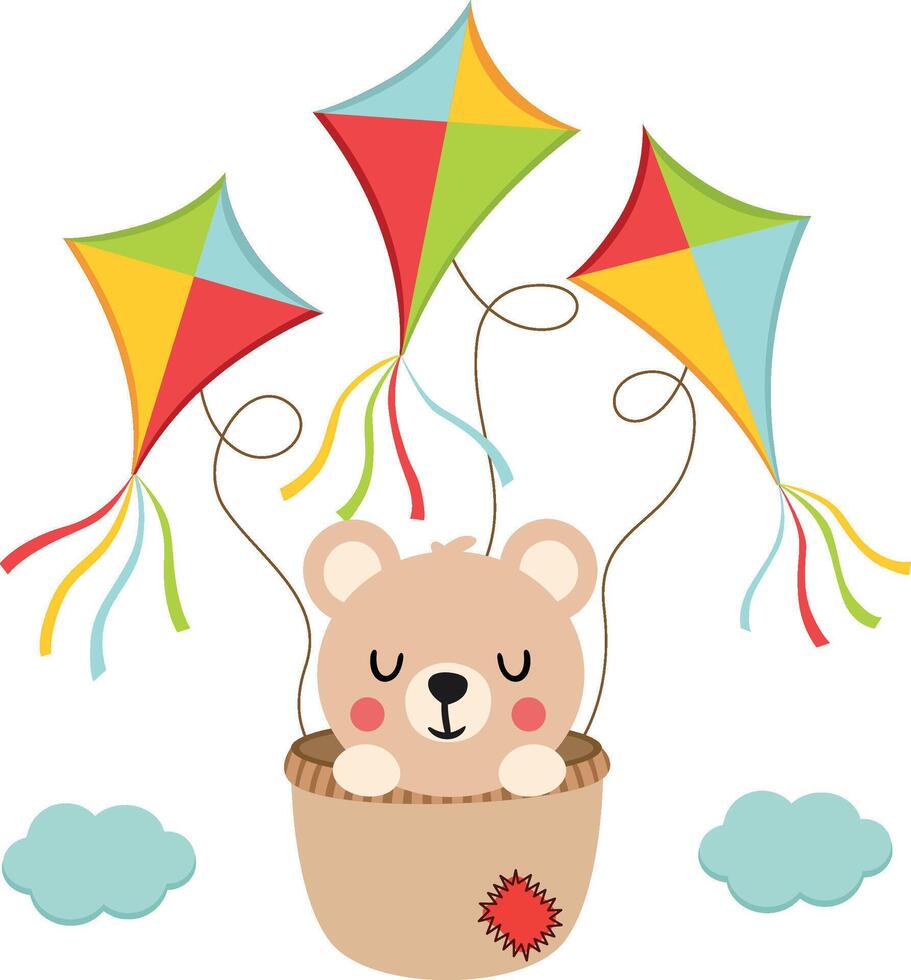 Cute teddy bear flying inside basket with kites vector