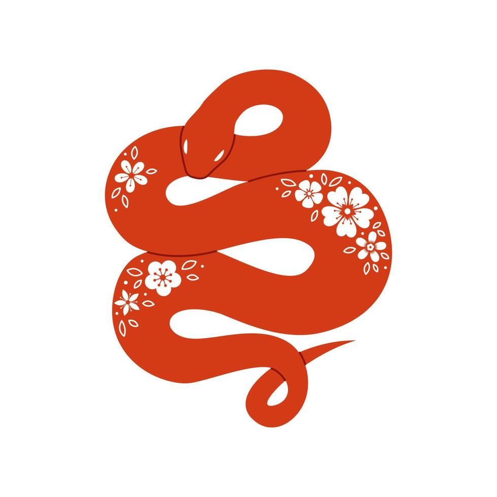 Chinese traditional snake with flowers. Hand drawn illustration. vector