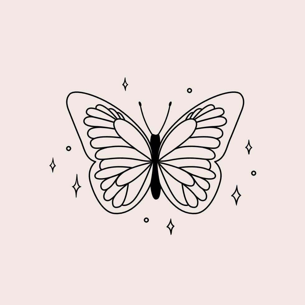 Card with butterfly and stars. Hand drawn illustration in sketch style. vector