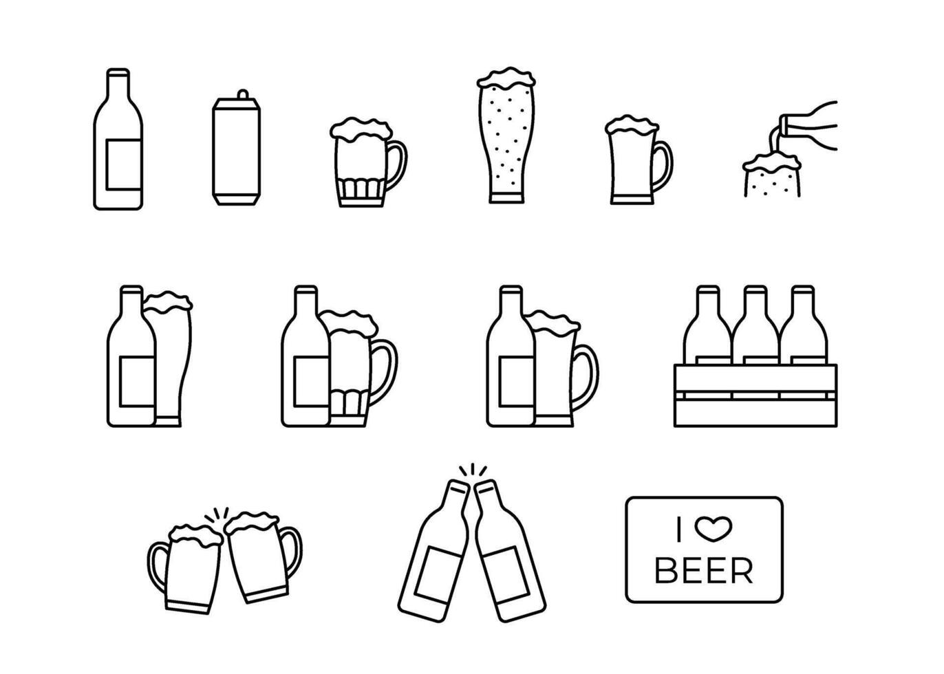 Beer in glass mug and bottle, glass alcohol with foam, line icon set. Alcoholic drink on holiday, clink glass in bar. Beer sign vector