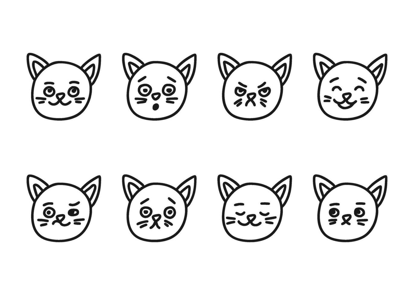 Cat head different facial expressions, line doodle character set. Hand drawn outline emotion on cat face muzzle. Happy, angry, sad and other mood. illustration vector