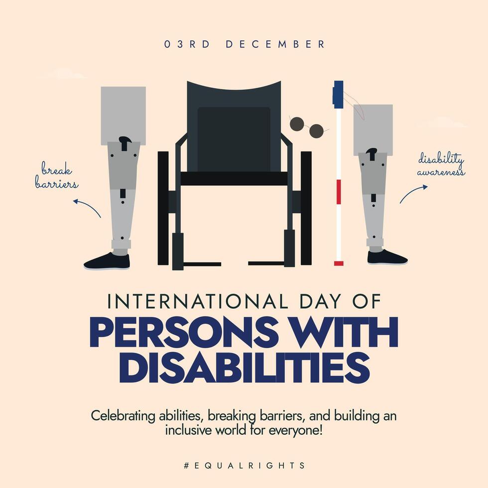 Day of Persons with disabilities celebration banner with wheel chair, artificial legs, white canes. Rights for Disabled. vector