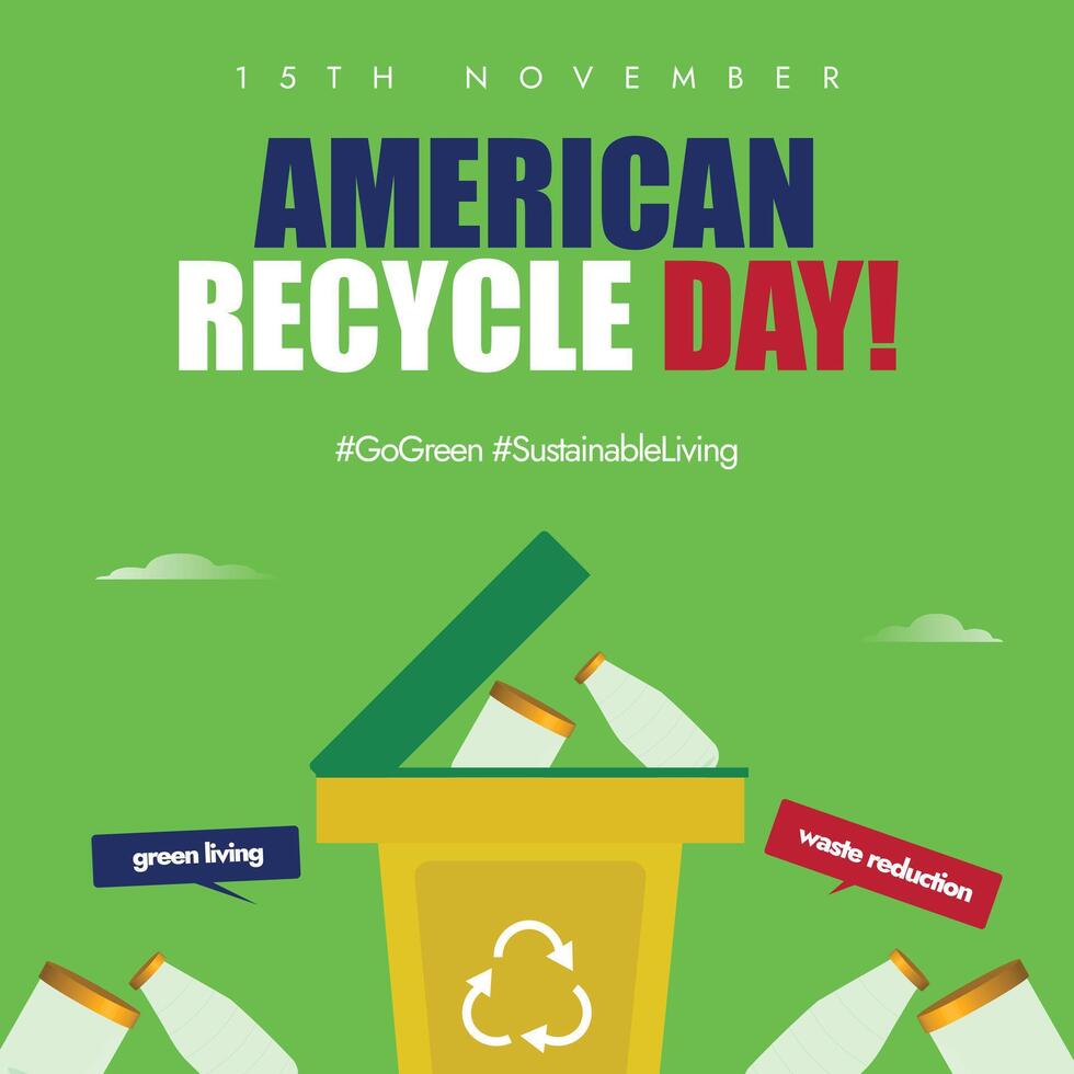 15th November Recycle day celebration banner, post with yellow dustbin having recycle symbol on it vector