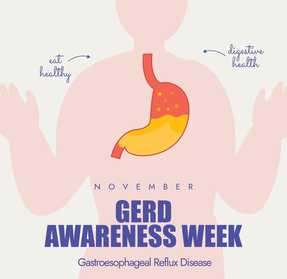GERD awareness week. 20-26 Nov Gerd awareness week celebration banner with an inside view of stomach having heart burn. The week raise awareness of disease's symptoms, causes and how to avoid it. vector