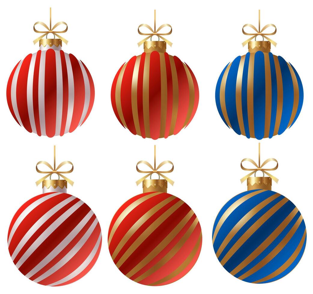 Festive set striped Christmas ornament with a gold ribbon and hanger with star on a white background. New Year Christmas tree toy. vector