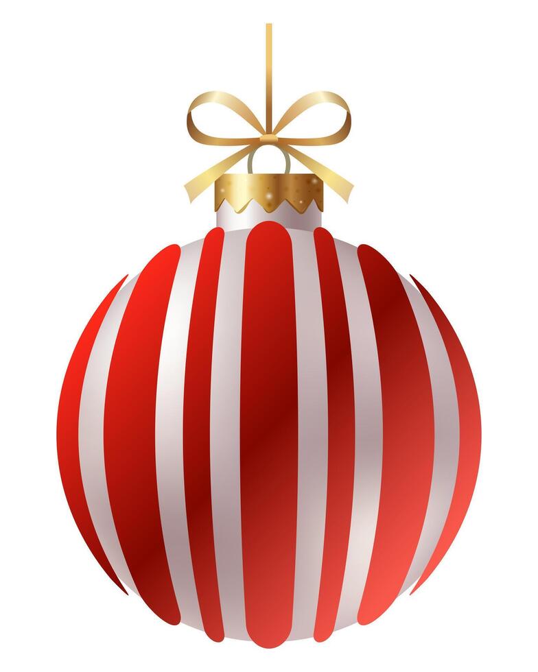 Festive red and white striped Christmas ornament with a gold ribbon and hanger on a white background. New Year Christmas tree toy. vector