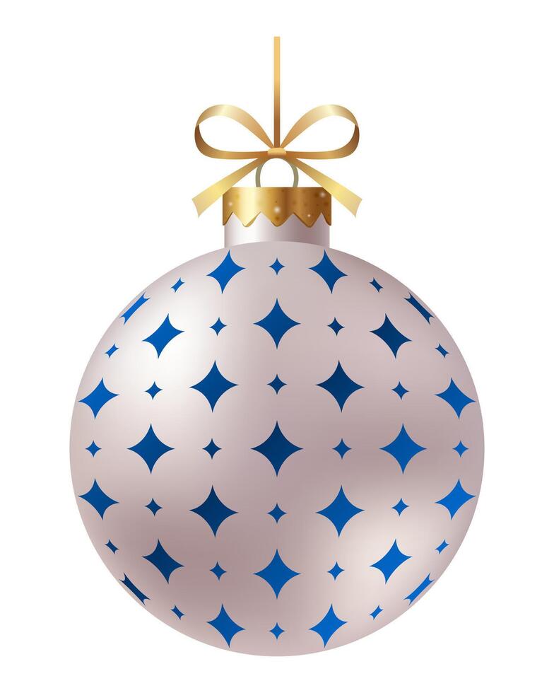 Festive white striped Christmas ornament with a gold ribbon and hanger with star on a white background. New Year Christmas tree toy. vector