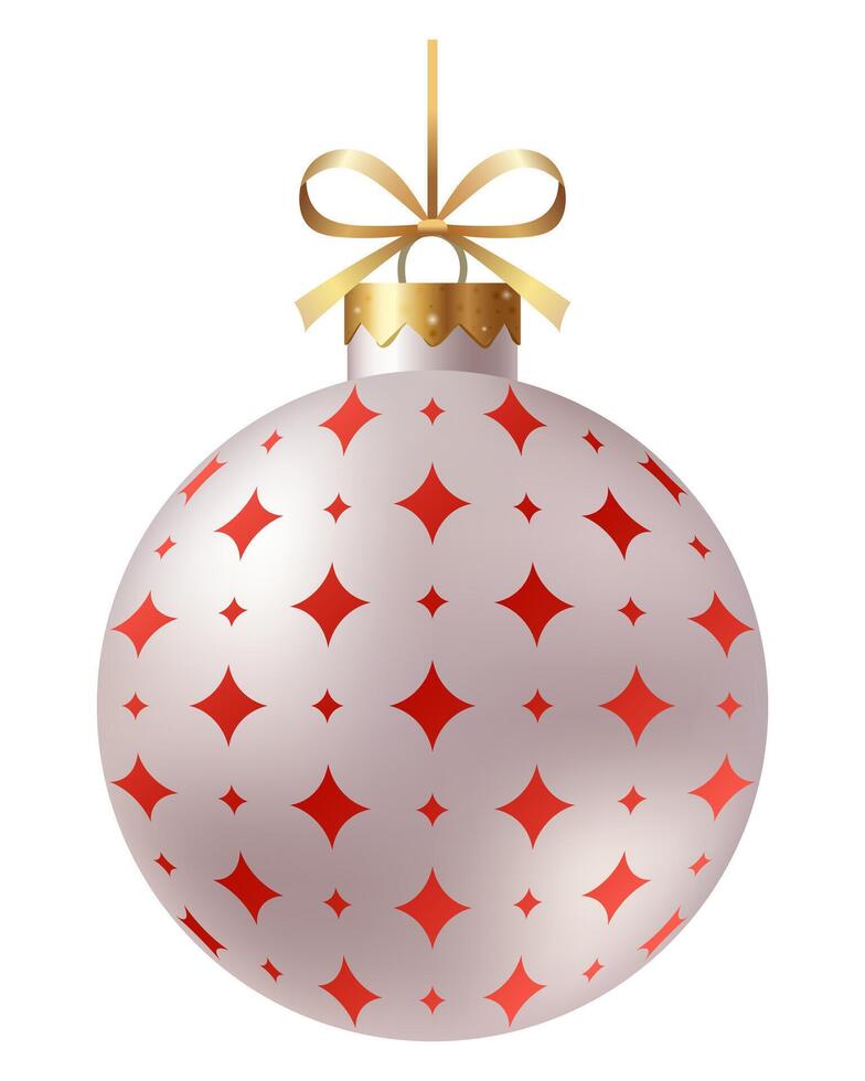 Festive white striped Christmas ornament with a gold ribbon and hanger with star on a white background. New Year Christmas tree toy. vector