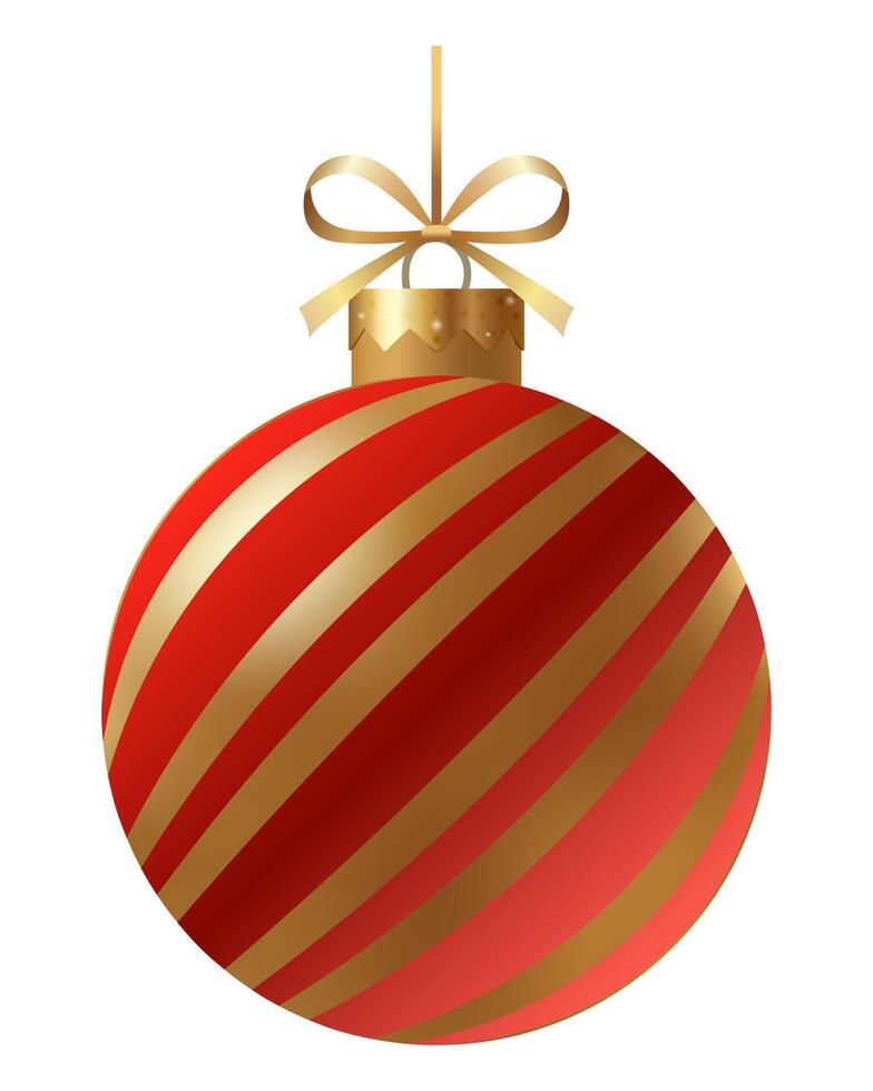 Festive red and gold striped Christmas ornament with a gold ribbon and hanger on a white background. New Year Christmas tree toy. vector