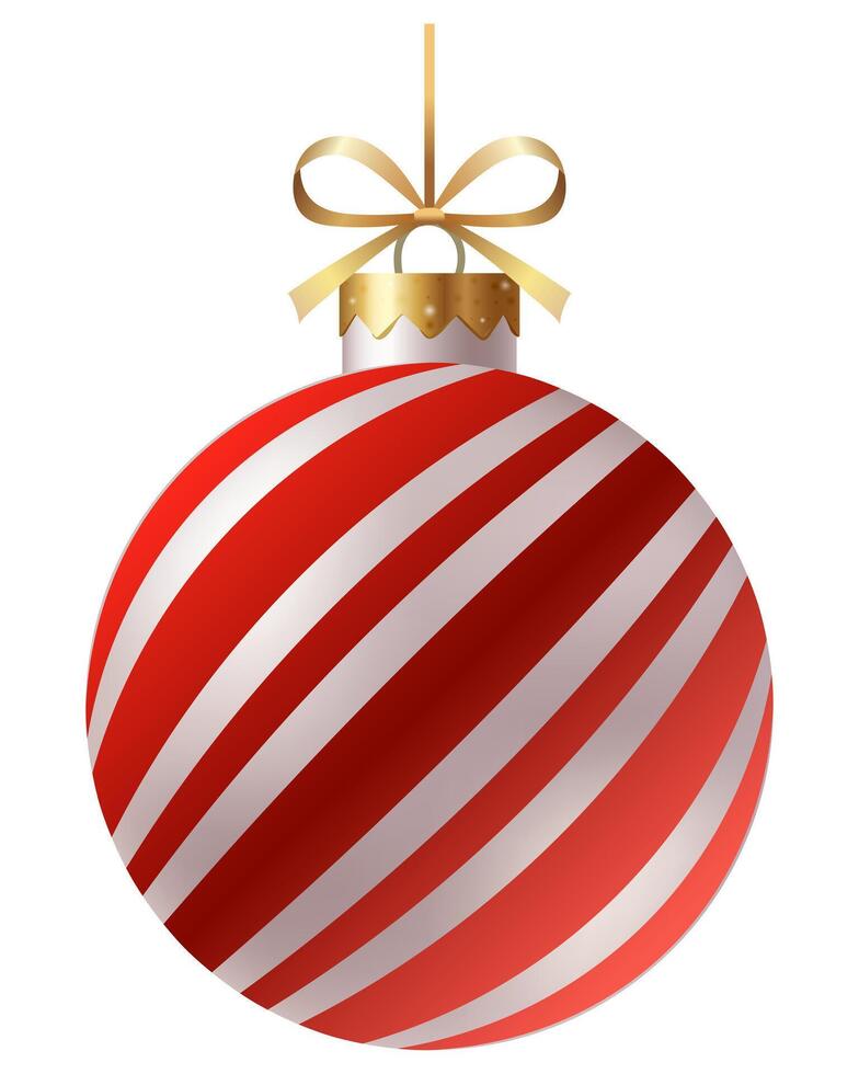 Festive red and white striped Christmas ornament with a gold ribbon and hanger on a white background. New Year Christmas tree toy. vector