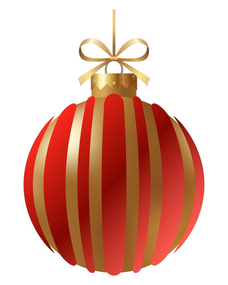 Festive red and gold striped Christmas ornament with a gold ribbon and hanger on a white background. New Year Christmas tree toy. vector