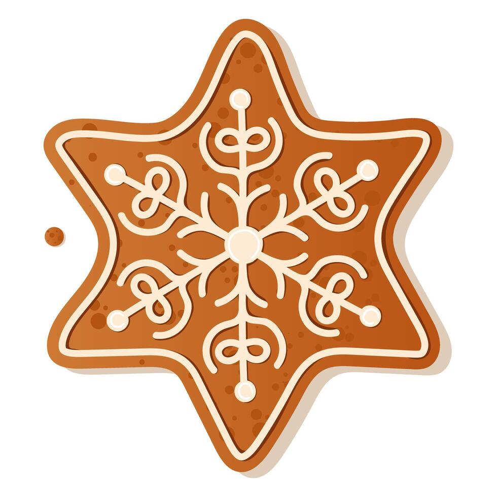Illustration of a gingerbread snowflake decorated with white frosting dots, perfect for holiday themes and Christmas baking. Gingerbread cookie. New Year Christmas vector