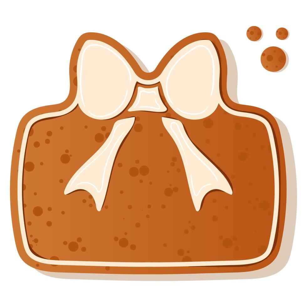 Illustration of a gingerbread Gift Box decorated with white frosting dots, perfect for holiday themes and Christmas baking. Gingerbread cookie. New Year Christmas vector