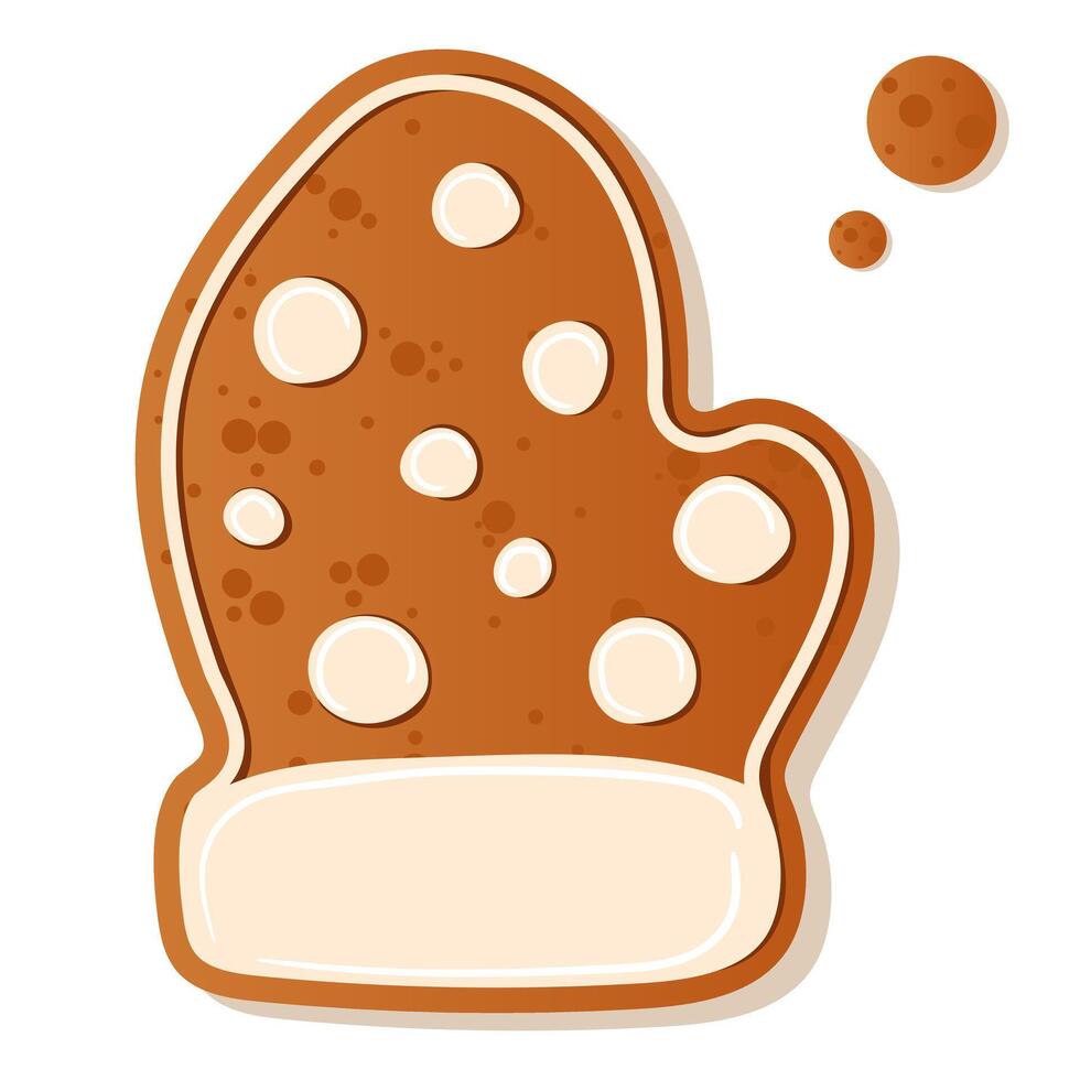 Illustration of a gingerbread mitten cookie decorated with white frosting dots, perfect for holiday themes and Christmas baking. Gingerbread cookie. New Year Christmas vector