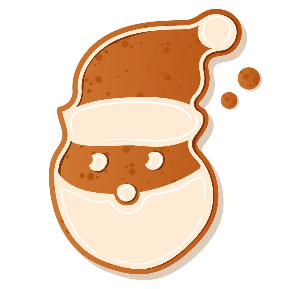 Illustration of a gingerbread Santas face decorated with white frosting dots, perfect for holiday themes and Christmas baking. Gingerbread cookie. New Year Christmas vector