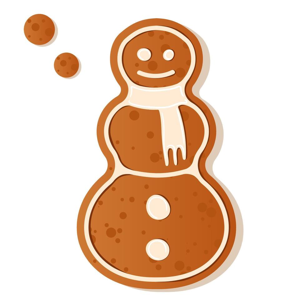 Illustration of a gingerbread snowman decorated with white frosting dots, perfect for holiday themes and Christmas baking. Gingerbread cookie. New Year Christmas vector