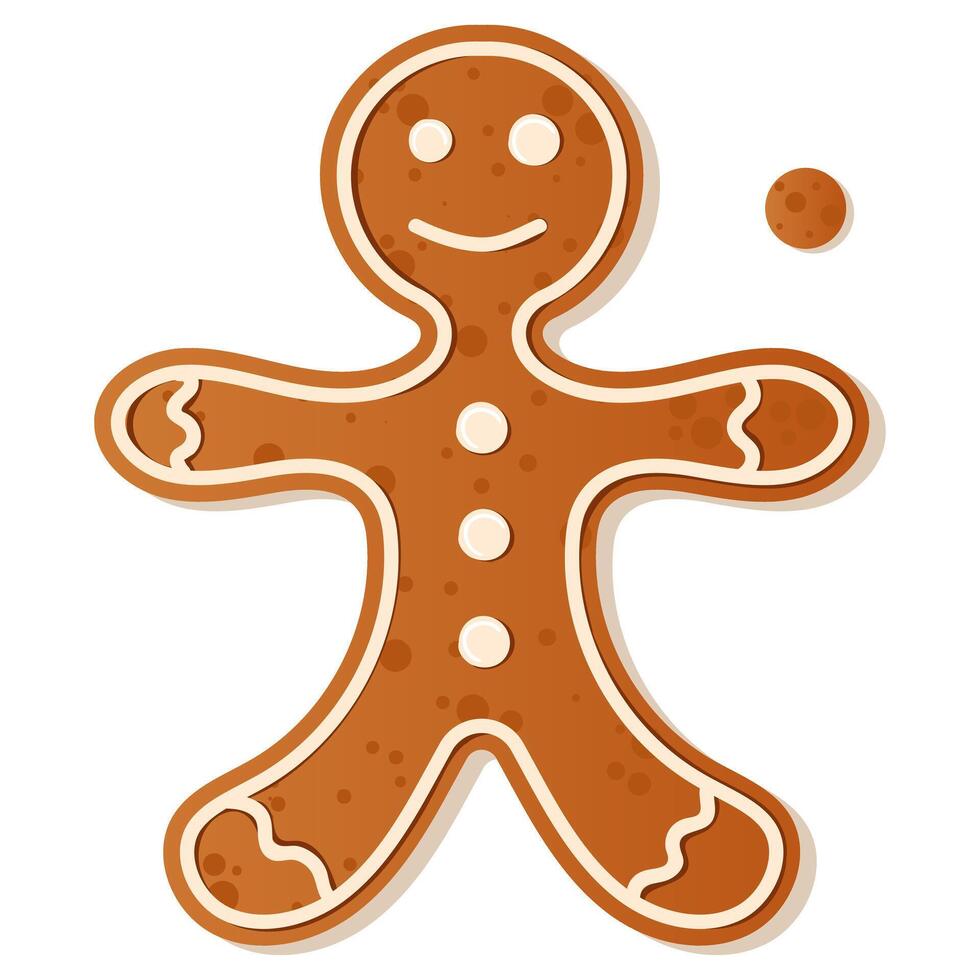 Illustration of a gingerbread man cookie decorated with white frosting dots, perfect for holiday themes and Christmas baking. Gingerbread cookie. New Year Christmas vector
