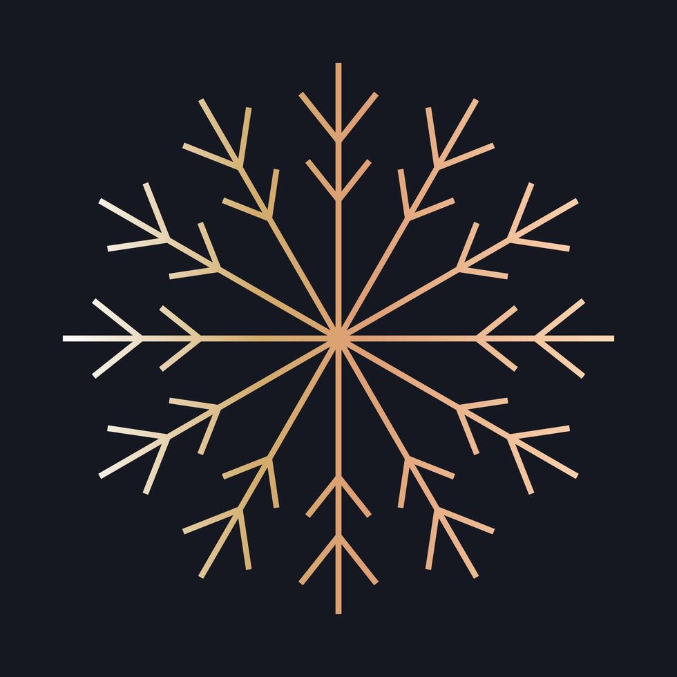 Christmas snowflake illustration. Gradient gold snowflake with a symmetrical, minimalist design on a dark background. Perfect for holiday decorations, cards, and winter themes. vector