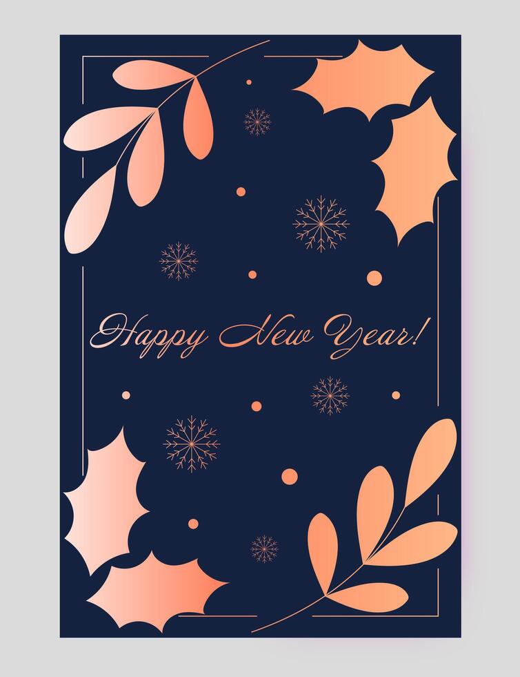 Elegant New Year greeting card with a dark blue background, soft peach gradient foliage, holly leaves, and delicate snowflakes. Features a refined Happy New Year message vector