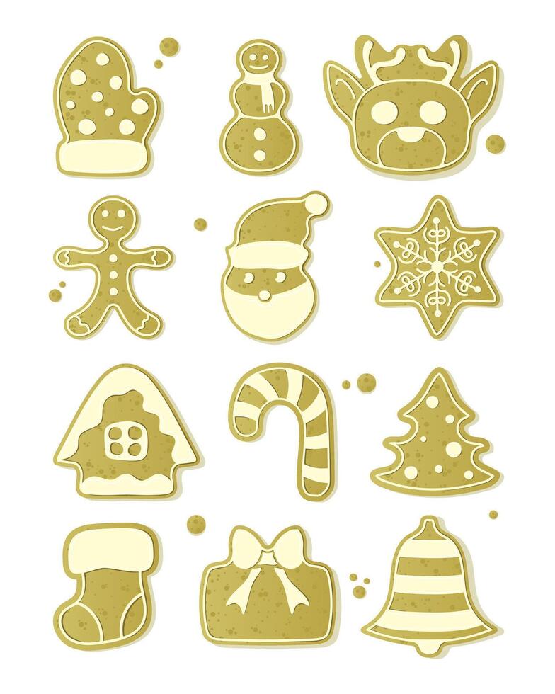 A set of Christmas themed gingerbread cookies in different shapes including mitt, snowman, reindeer, Santa, snowflake, tree, bell, Christmas tree, candy, New Year gift vector