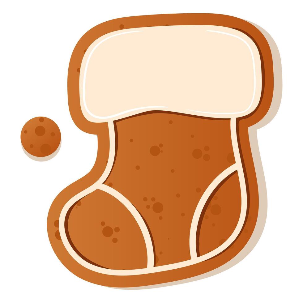 Illustration of a gingerbread Stocking decorated with white frosting dots, perfect for holiday themes and Christmas baking. Gingerbread cookie. New Year Christmas vector