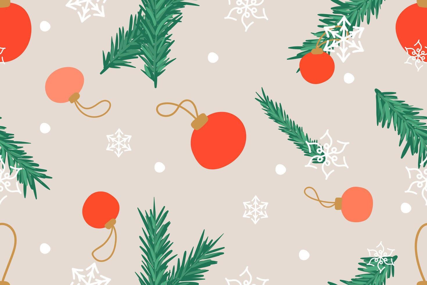 Seamless Christmas pattern with red and pink ornaments, green pine branches, white snowflakes, and scattered snow dots on a beige background. Festive wrapping paper, textiles, or holiday decor vector