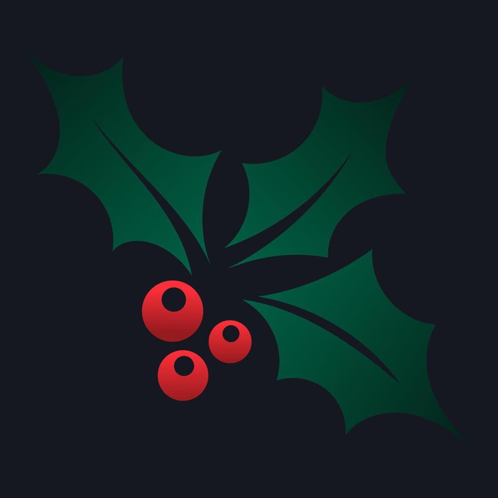 Christmas holly illustration. Green holly leaves with red berries on a dark background, representing a classic holiday symbol for festive decorations and seasonal designs. vector