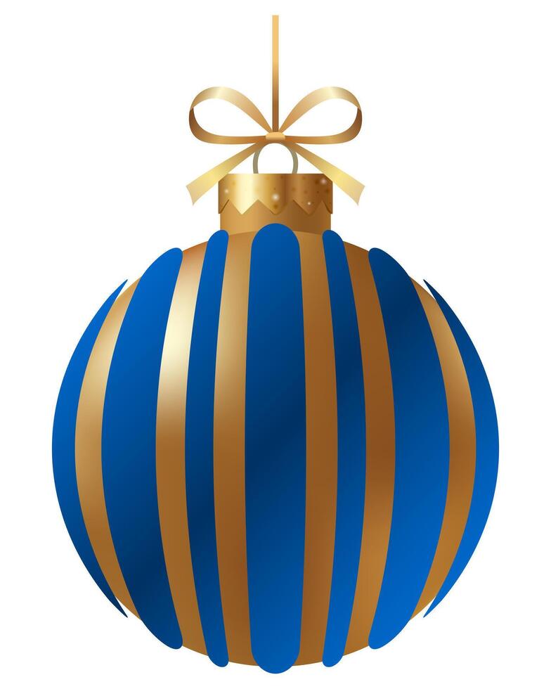 Festive blue and gold striped Christmas ornament with a gold ribbon and hanger on a white background. New Year Christmas tree toy. vector