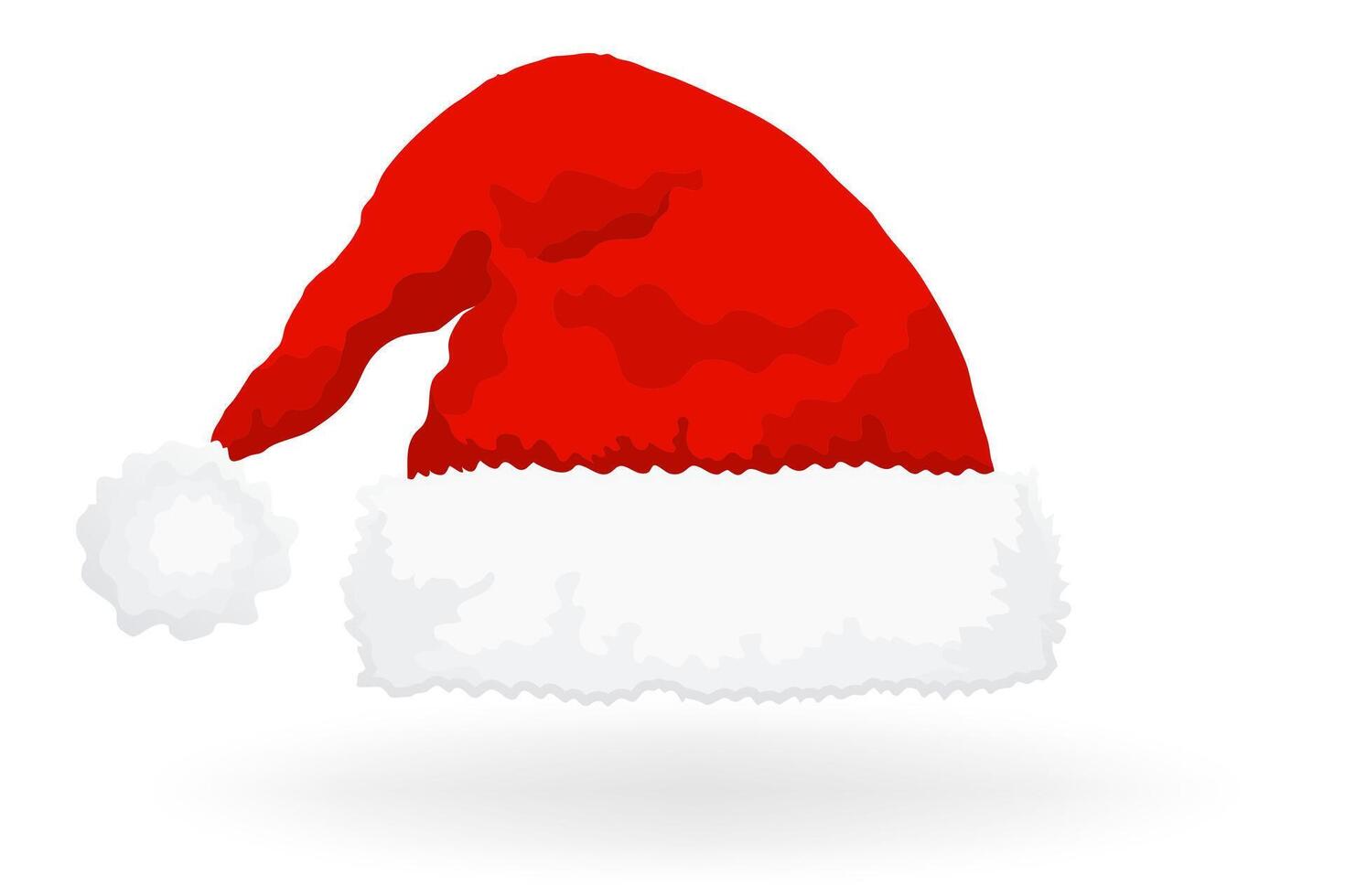 Red Santa Claus hat with fluffy white trim and pom pom on a white background. New Year Christmas vector