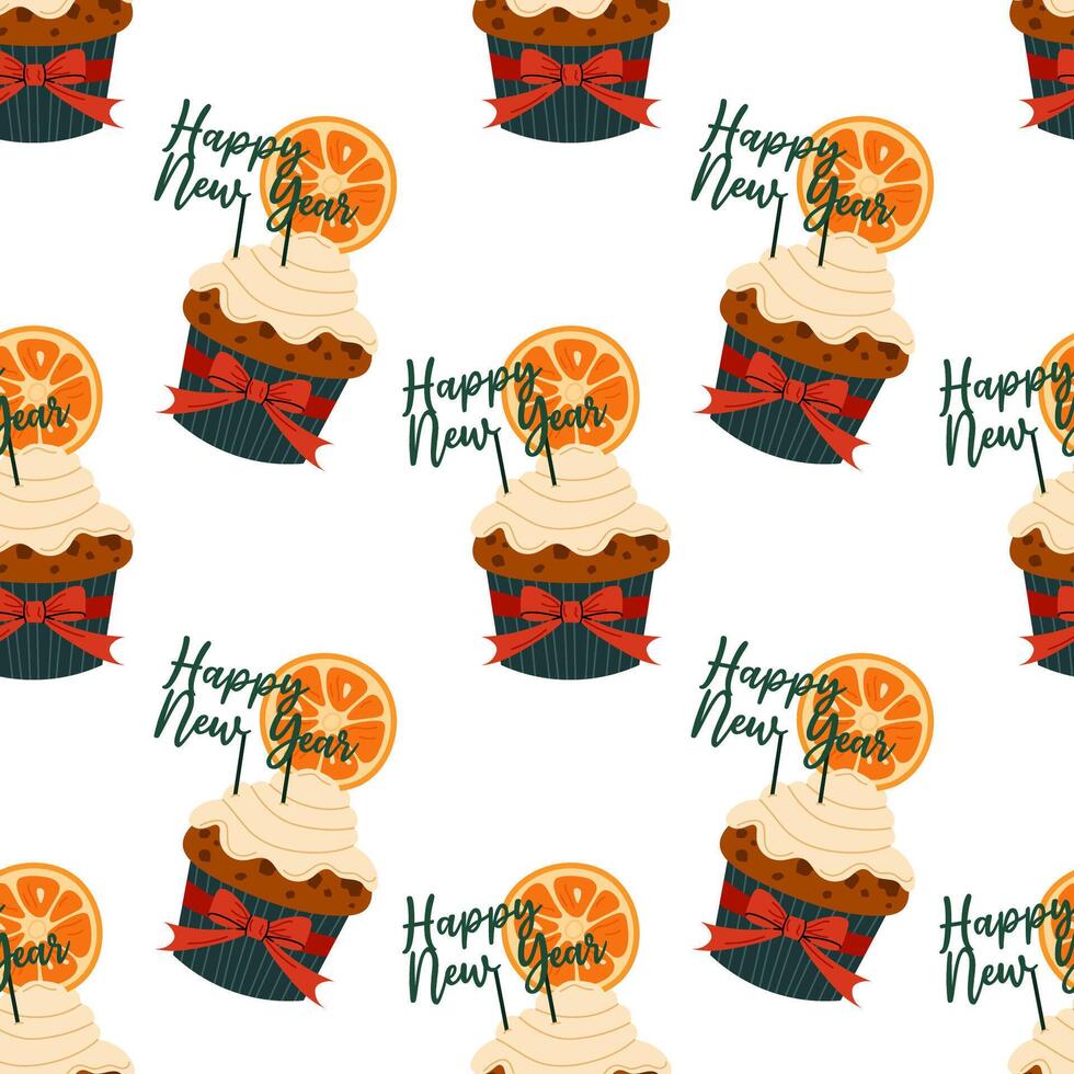 Christmas cupcake with cream and dried orange. New Year lettering. Festive Christmas seamless pattern. For textile, wrapping paper, background. vector